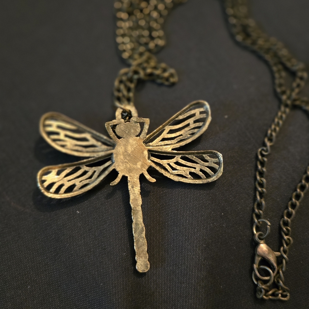Gold Dragonfly Pendant Necklace with Turquoise Accent - Picture 5 of 5